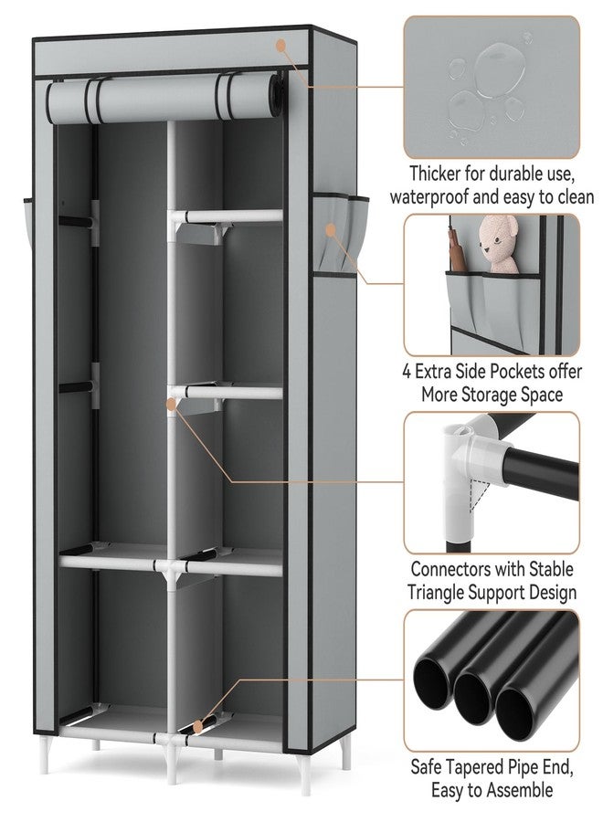ROJASOP Portable Closet Wardrobe Closet for Hanging Clothes with 6 Storage Shelves, 1 Hanging Rod and 4 Pockets, Clothes Organizer and Storage Wardrobe Free Standing Closet for Bedroom, Grey - Image 4